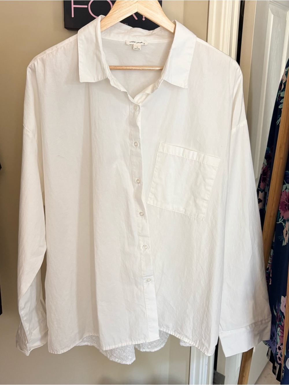 Ultra Pink White Button Down Top with Eyelet Back